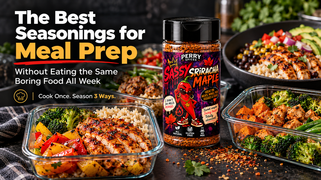 Meal prep containers of seasoned chicken, rice and roasted vegetables with a Perry Spices seasoning shaker