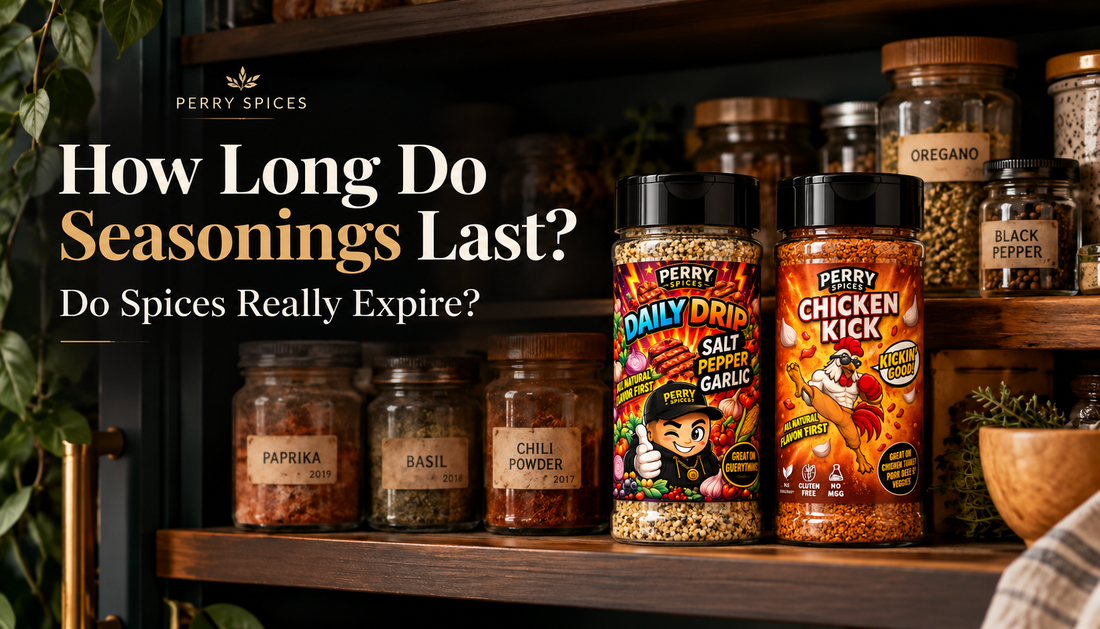 Perry Spices Daily Drip and Chicken Kick shakers on a pantry shelf with jars of dried spices