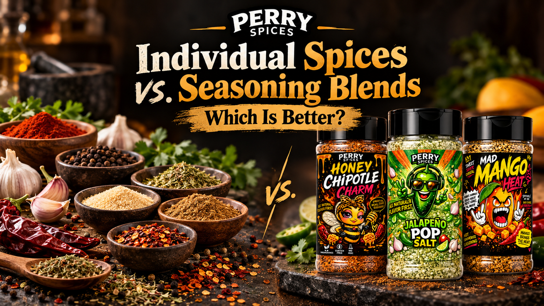Bowls of individual spices next to Perry Spices seasoning blend shakers