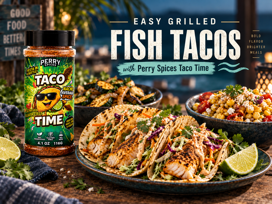 Grilled fish tacos topped with fresh corn salad and seasoned with Perry Spices Taco Time seasoning