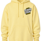 A pale yellow pullover hoodie with a drawstring hood, kangaroo pocket, and a small chest graphic reading 'MEET THE FLAVOR CREW Perry Spices' in black, white, and yellow, shown on a plain white background.