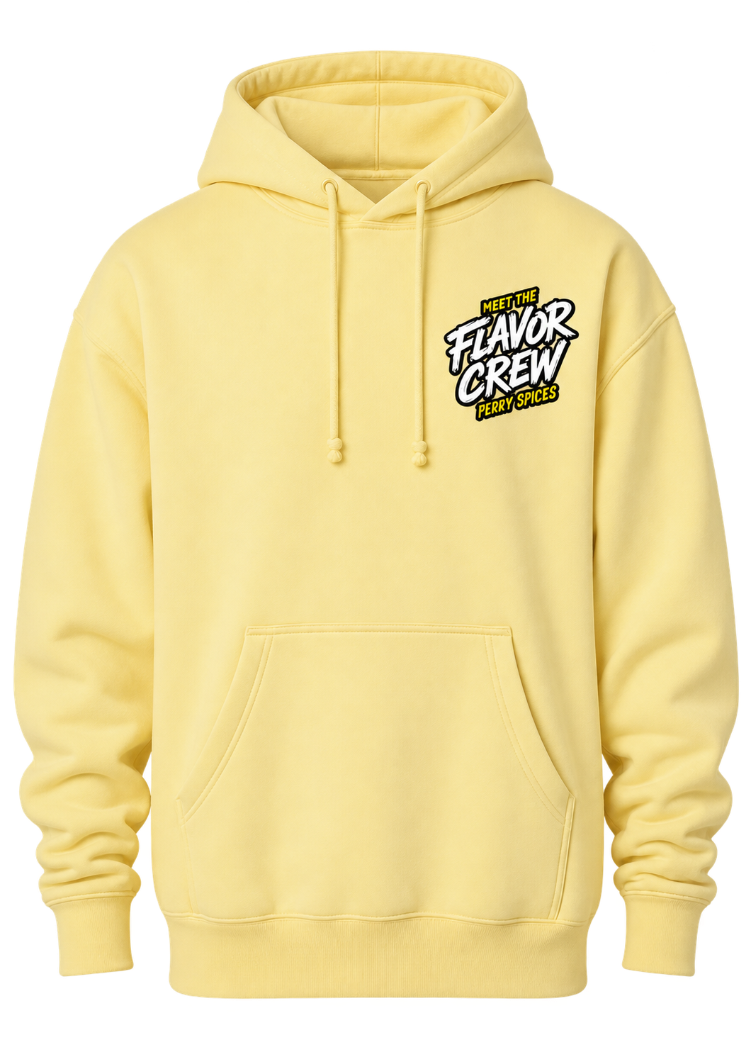 A pale yellow pullover hoodie with a drawstring hood, kangaroo pocket, and a small chest graphic reading 'MEET THE FLAVOR CREW Perry Spices' in black, white, and yellow, shown on a plain white background.