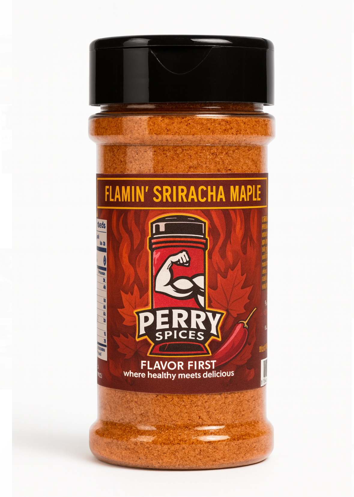 Perry Spices Flamin' Sriracha Maple spice jar on a white background