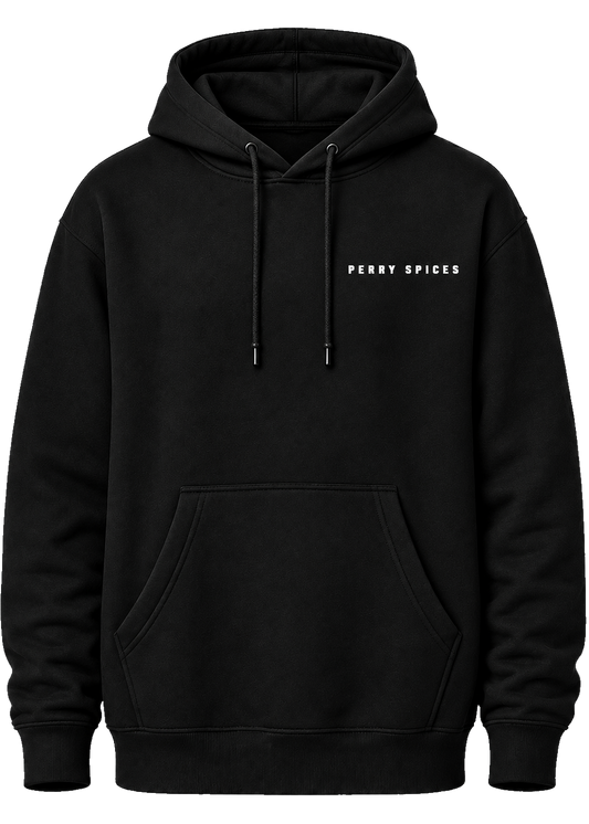 A black pullover hoodie with 'PERRY SPICES' printed in white capital letters on the left chest, shown against a plain white background.