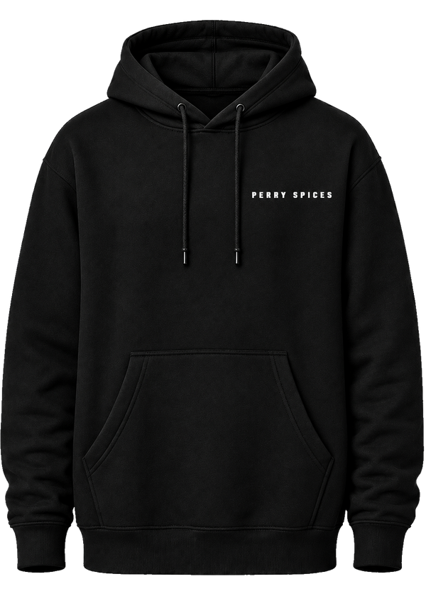 A black pullover hoodie with 'PERRY SPICES' printed in white capital letters on the left chest, shown against a plain white background.