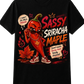 Black t-shirt with a cartoon pepper character and text on a white background