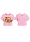 A pink short-sleeve crop top shown from both front and back. The front features a colorful graphic reading 'Kooky Season' in a warm autumn palette, and the back has a small gold script logo reading 'Peach Season'.