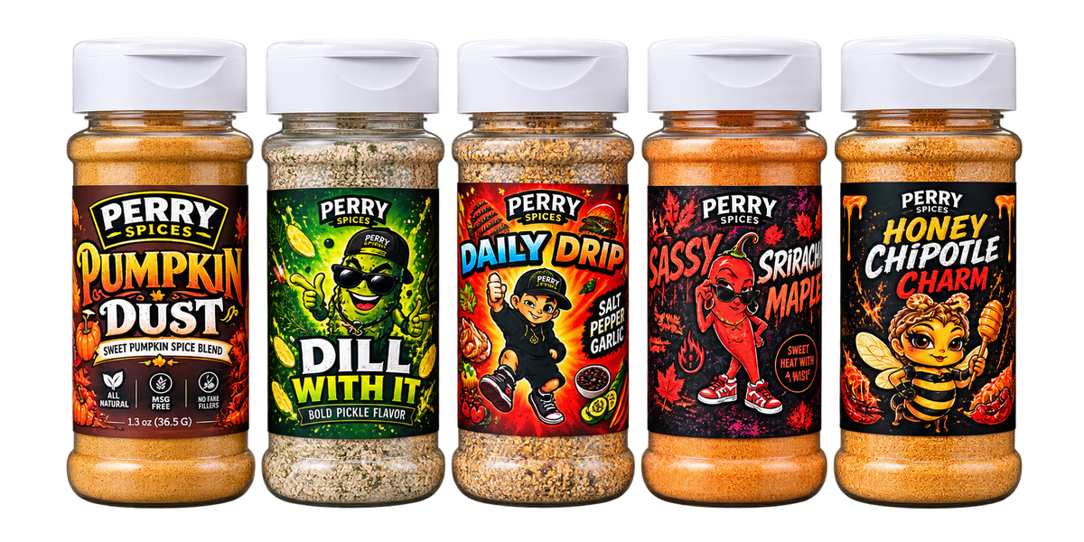 Flavor Crew Minis lineup: Pumpkin Dust, Dill With It, Daily Drip, Sassy Sriracha Maple and Honey Chipotle Charm