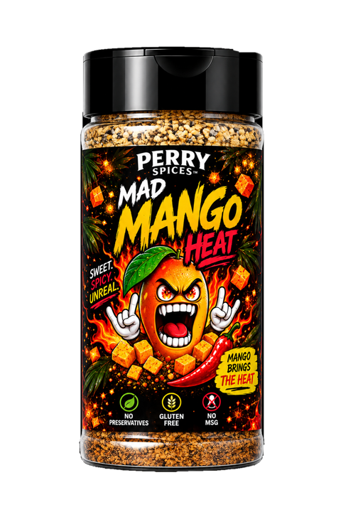 Perry Spices Mad Mango Heat sweet and spicy mango seasoning blend in 6.6 oz shaker